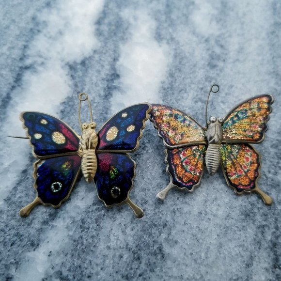 Vintage Jewelry - Vintage Butterfly Brooches, 2 Pieces, Colorful, Lapel Pins, Unsigned Estate